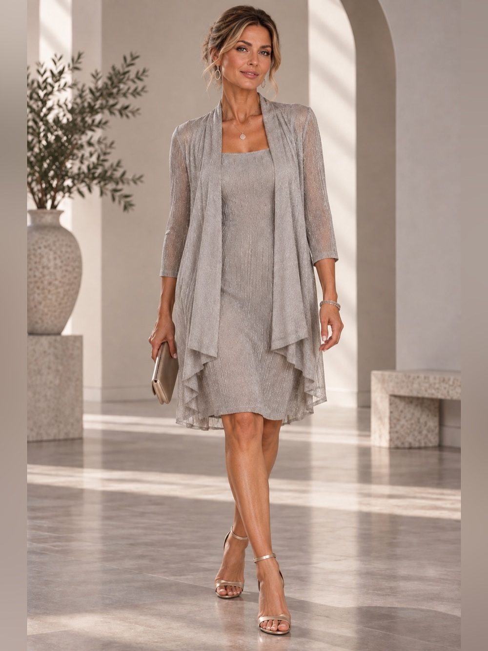NWT R&M Richards Size 14 Silver Metallic Dress Jacket Set Mother of Bride